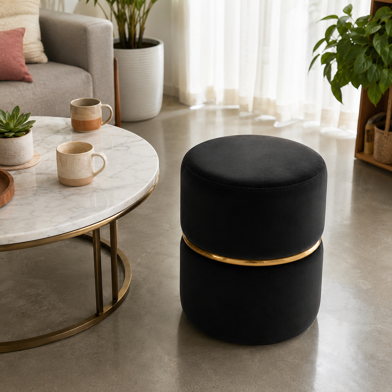 Black Velvet Round Ottoman with Gold Ring Accent | Modern Premium Luxury Pouf