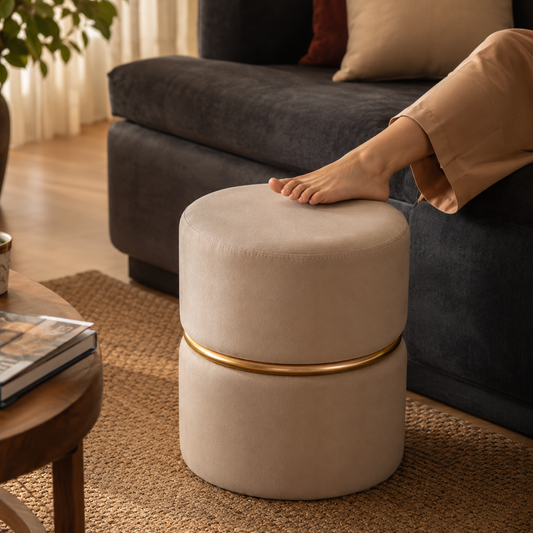 Velvet Round Ottoman with Gold Ring Band | Modern Premium Luxury Living Room Pouf