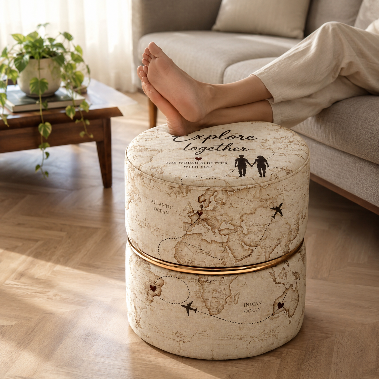 Explore Together World Map Stacked Round Ottoman Set – Premium Vintage Travel Couple Gift Pouf with Gold Ring