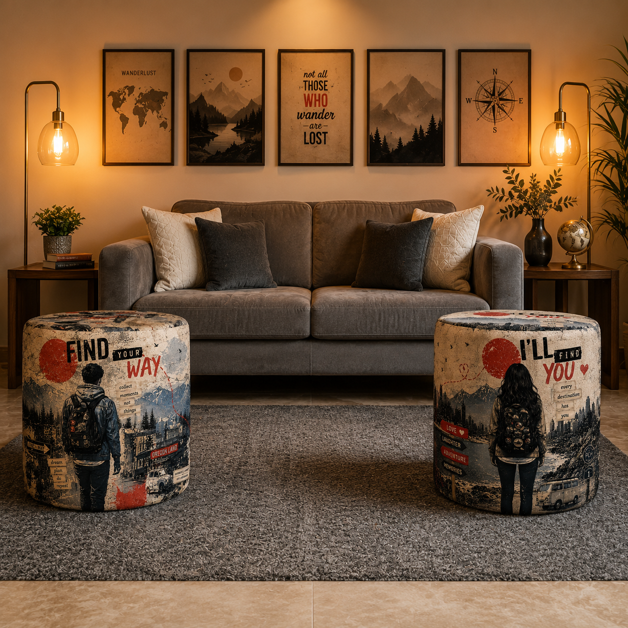 Wanderlust Couple Traveller Pouf Set of 2 | Premium Luxury Couple Adventure Pouf Pair