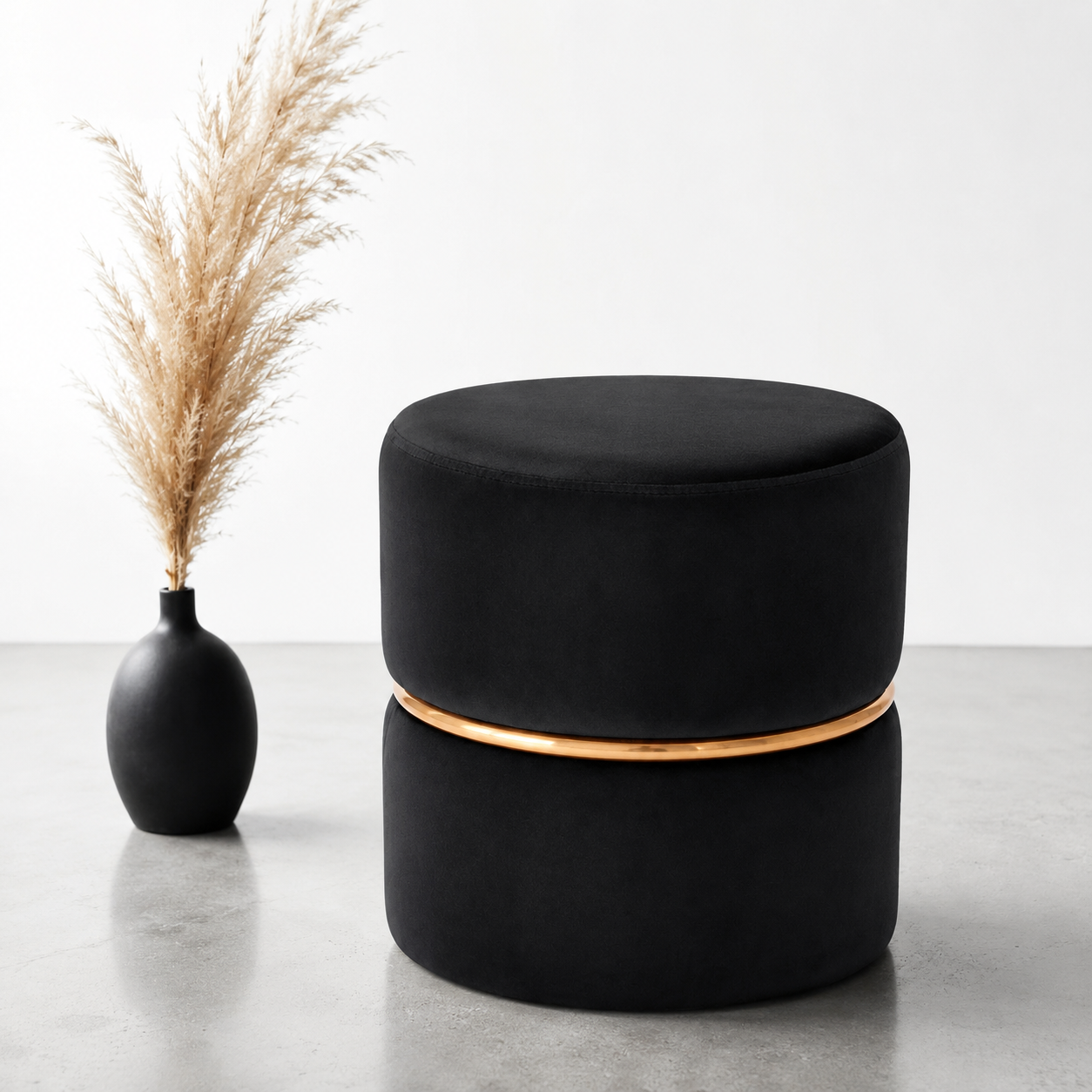 ToWish Black Velvet Round Ottoman with Gold Ring Accent | Classic Cozy Corner Ottoman Stool