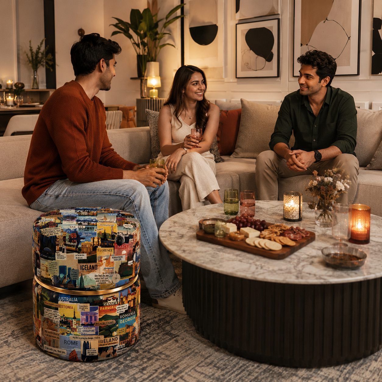 Wanderlust World Travel Print Round Ottoman Pouf | Gold Ring Accent | Premium Luxury Upholstery
