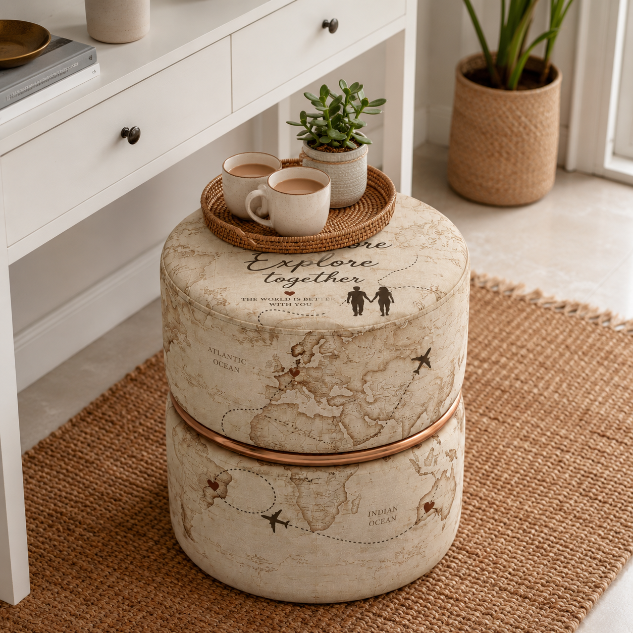 Explore Together World Map Stacked Round Ottoman Set – Premium Vintage Travel Couple Gift Pouf with Gold Ring