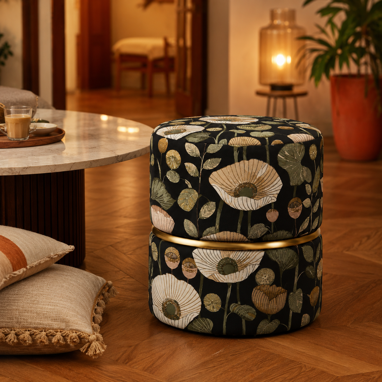 Botanical Black Floral Velvet Round Ottoman with Gold Ring Accent | Modern Premium Luxury Pouf