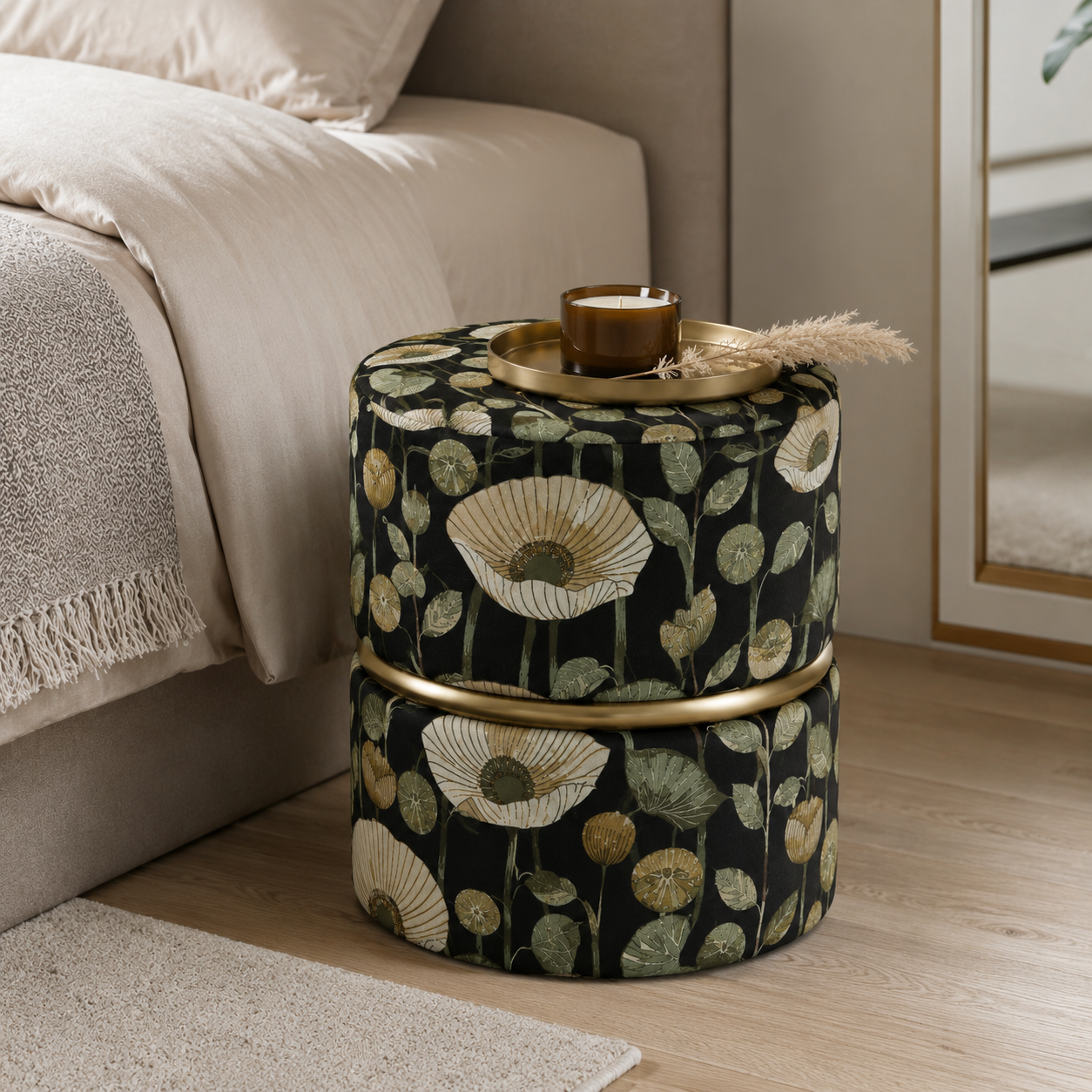 Botanical Black Floral Velvet Round Ottoman with Gold Ring Accent | Modern Premium Luxury Pouf