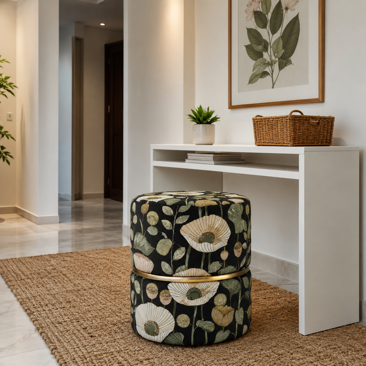 Botanical Black Floral Velvet Round Ottoman with Gold Ring Accent | Modern Premium Luxury Pouf