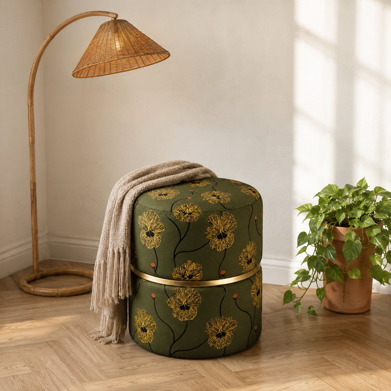 Olive Green Floral Pansy Round Ottoman Pouf with Gold Ring | Modern Premium Luxury Pouf