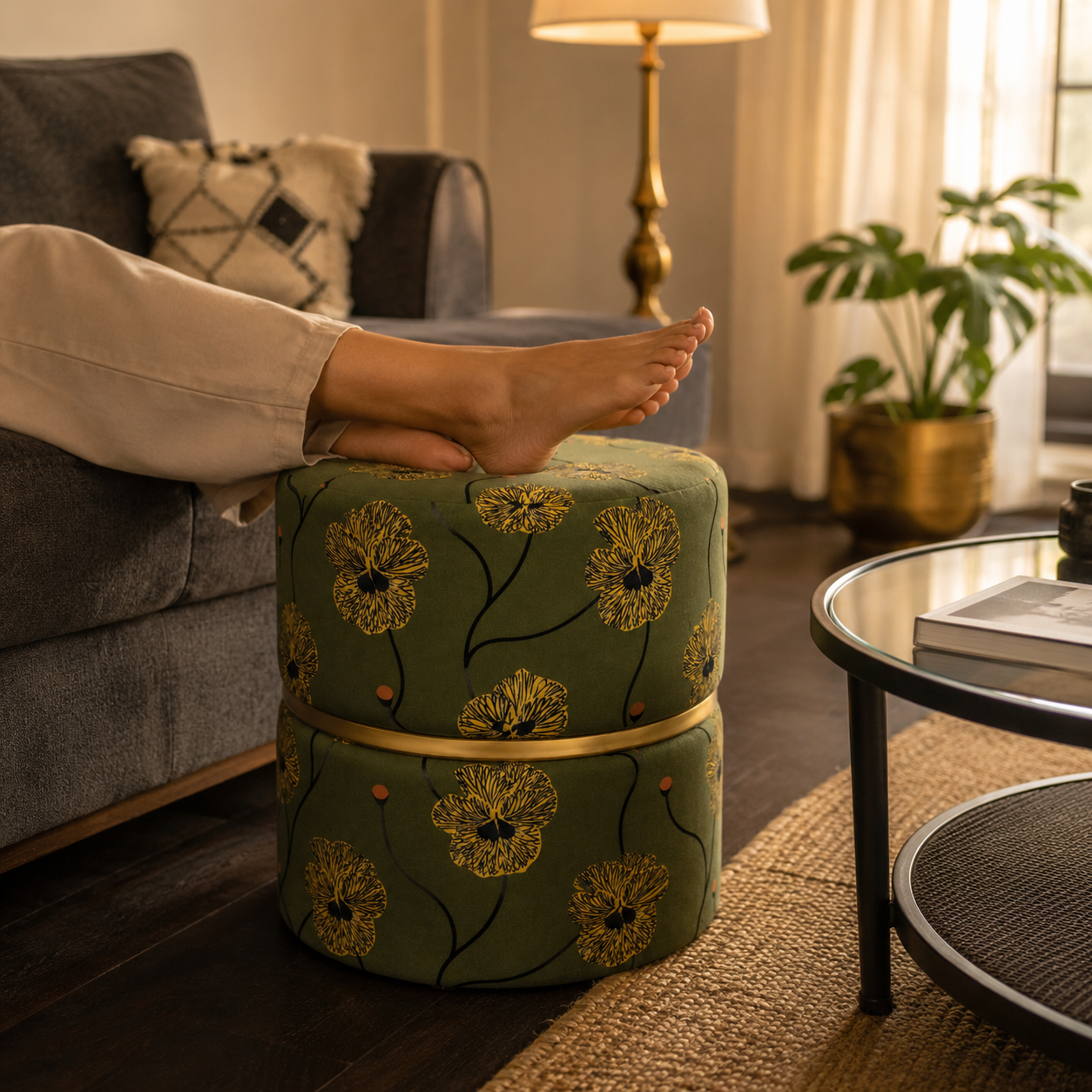 Olive Green Floral Pansy Round Ottoman Pouf with Gold Ring | Modern Premium Luxury Pouf