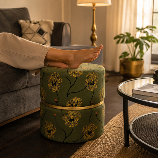 Olive Green Floral Pansy Round Ottoman Pouf with Gold Ring | Modern Premium Luxury Pouf