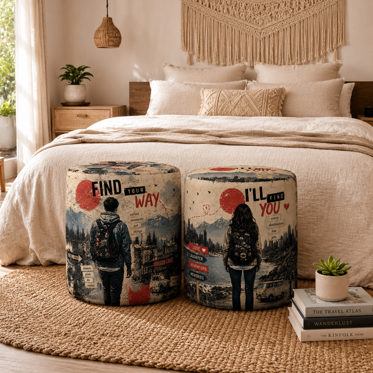 Wanderlust Couple Traveller Pouf Set of 2 | Premium Luxury Couple Adventure Pouf Pair