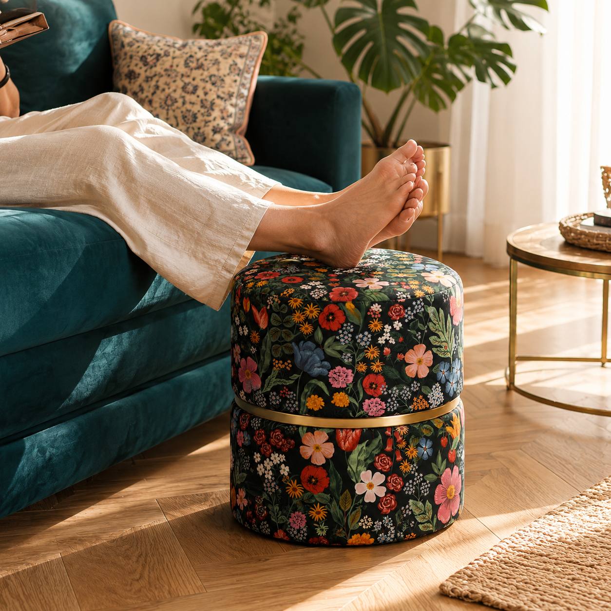 Botanical Garden Round Ottoman With Golden Ring | Modern Premium Luxury Pouf