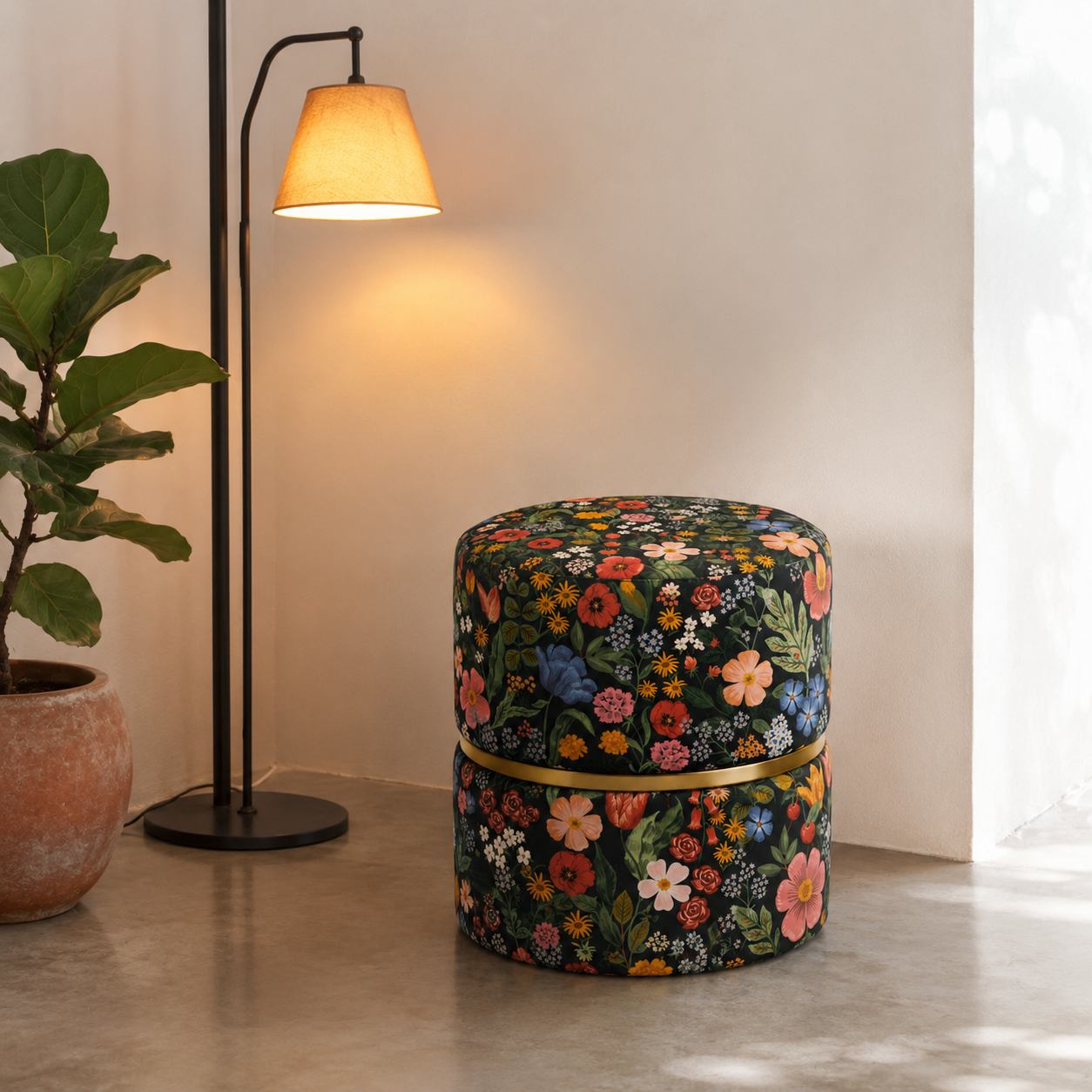 Botanical Garden Round Ottoman With Golden Ring | Modern Premium Luxury Pouf