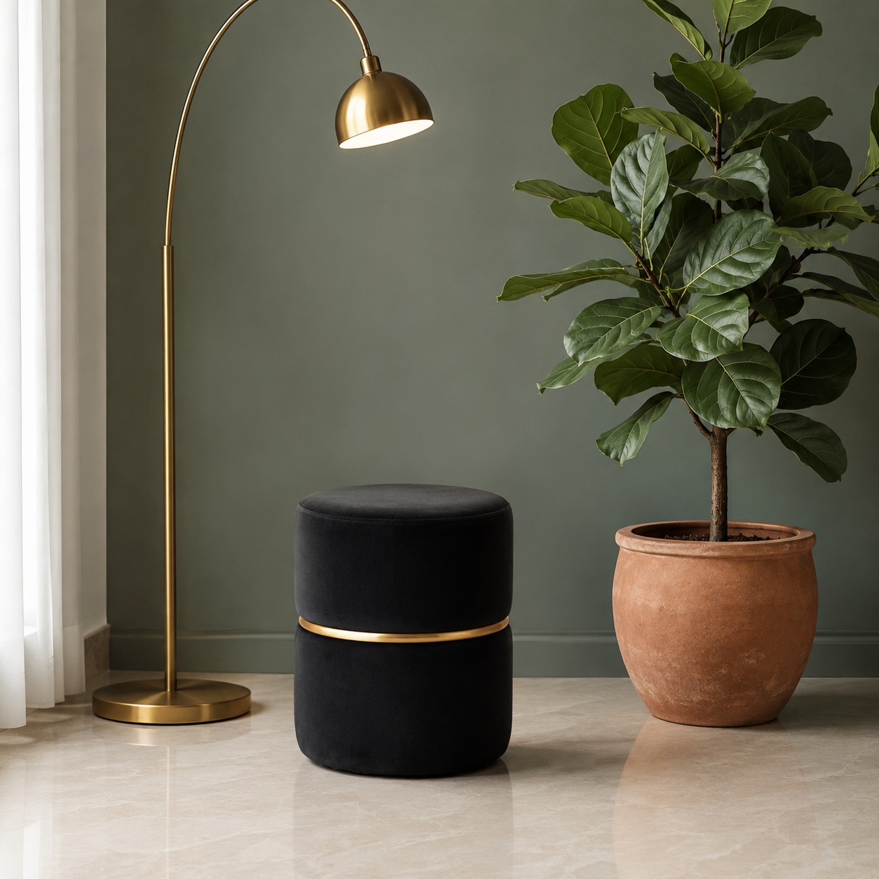 Black Velvet Round Ottoman with Gold Ring Accent | Modern Premium Luxury Pouf