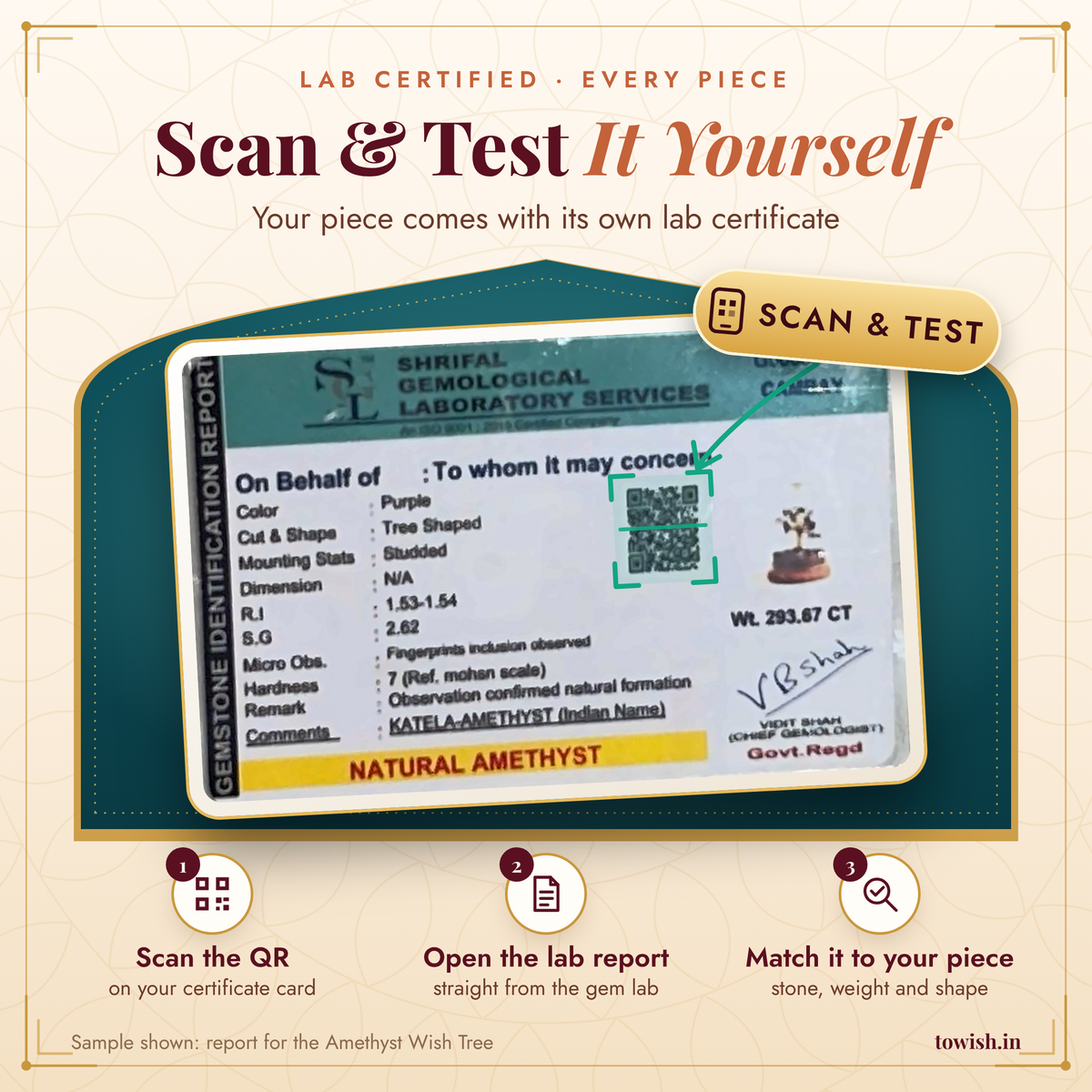 Lab certificate included: scan the QR to check your piece